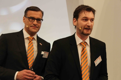 Osram CEO Olaf Berlien (l) is serious about this high-tech stuff, which includes a strong push into Bluetooth-based indoor positioning and retail customer engagement by the company's Einstone business, headed by Christoph Peitz (r). (Photo credit:Mark Halper.)